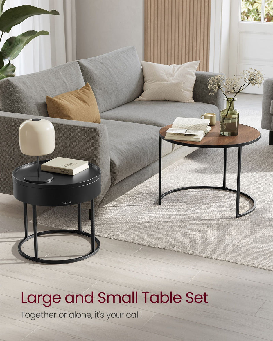 Set of 2 Round Nesting Side Tables – Natural Walnut and Ink Black – Modern Style with Hidden Storage and Top Tray