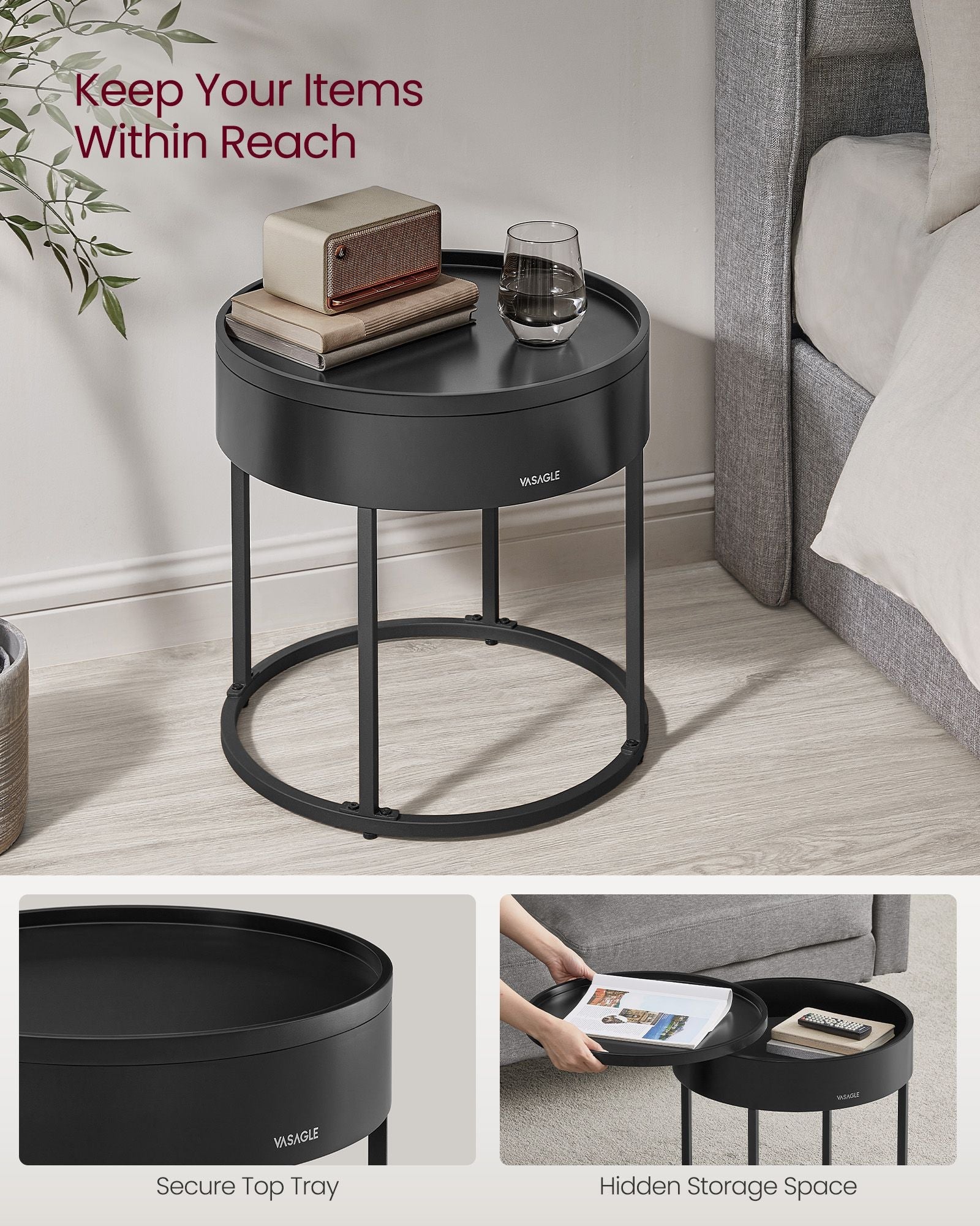Set of 2 Round Nesting Side Tables – Natural Walnut and Ink Black – Modern Style with Hidden Storage and Top Tray