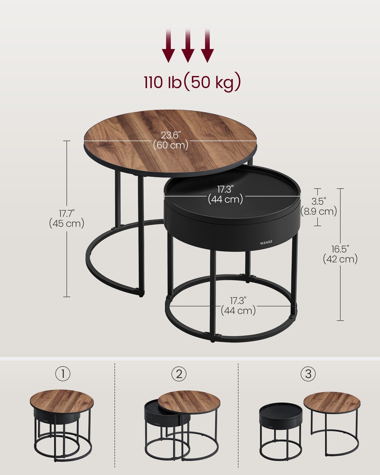 Set of 2 Round Nesting Side Tables – Natural Walnut and Ink Black – Modern Style with Hidden Storage and Top Tray