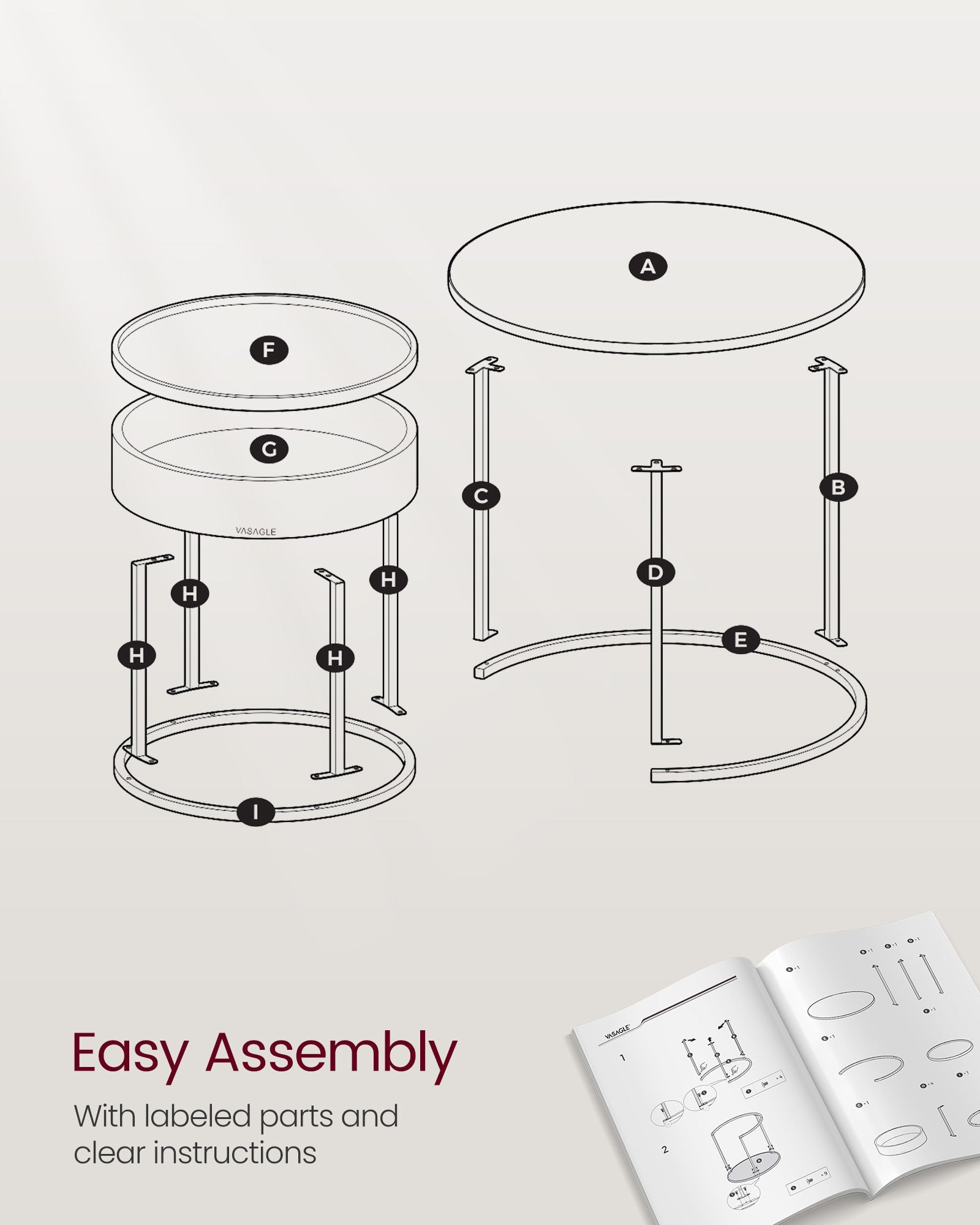 Set of 2 Round Nesting Side Tables – Natural Walnut and Ink Black – Modern Style with Hidden Storage and Top Tray