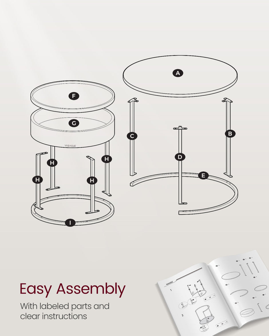 Set of 2 Round Nesting Side Tables – Natural Walnut and Ink Black – Modern Style with Hidden Storage and Top Tray