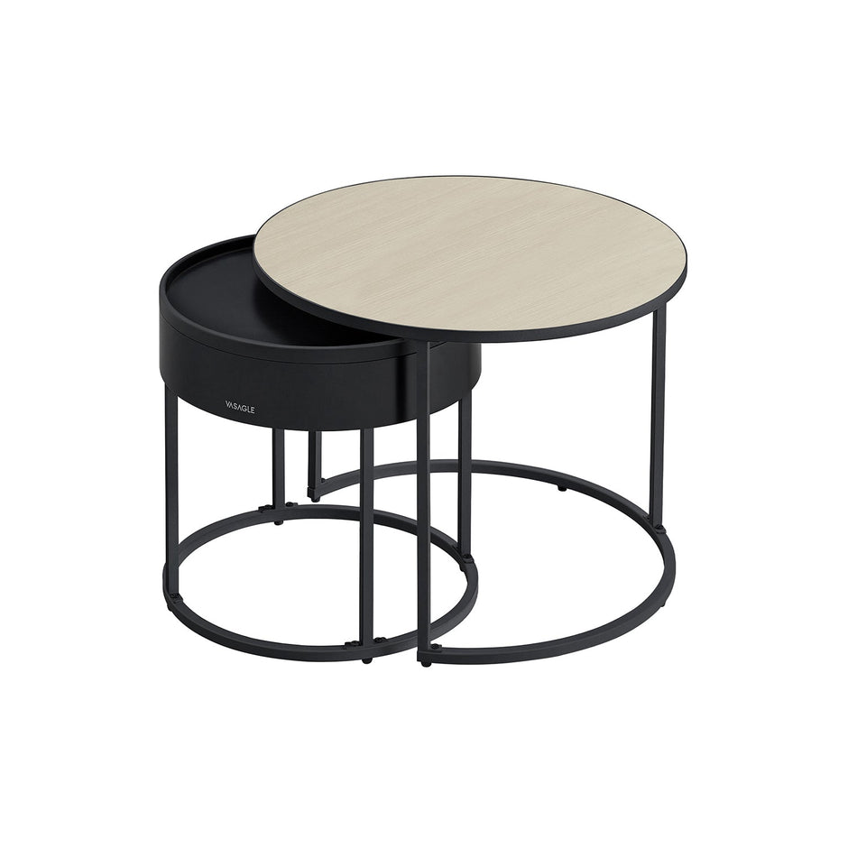 Set of 2 Round Side Tables – Natural Beige and Ink Black – Nesting Design with Hidden Storage and Top Tray