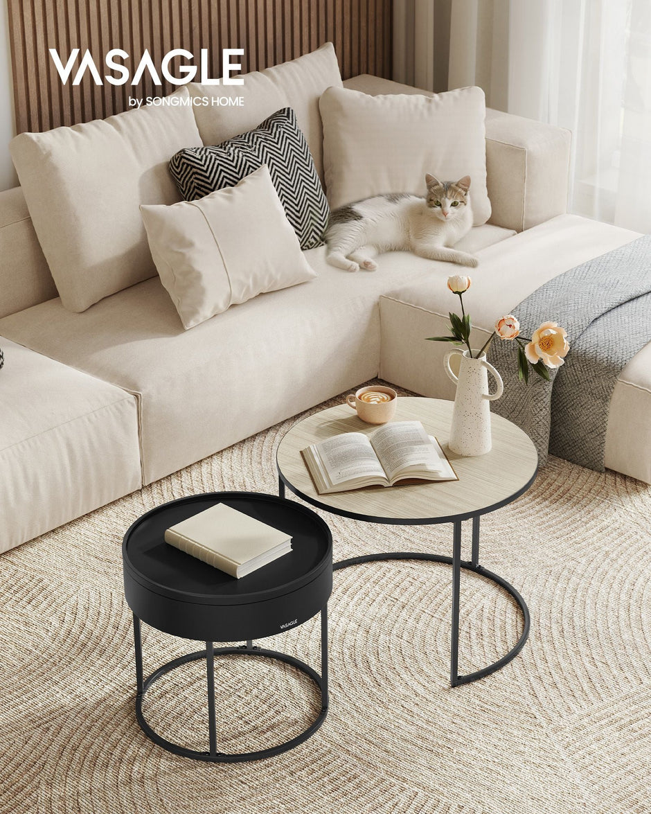 Set of 2 Round Side Tables – Natural Beige and Ink Black – Nesting Design with Hidden Storage and Top Tray