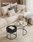 Set of 2 Round Side Tables – Natural Beige and Ink Black – Nesting Design with Hidden Storage and Top Tray