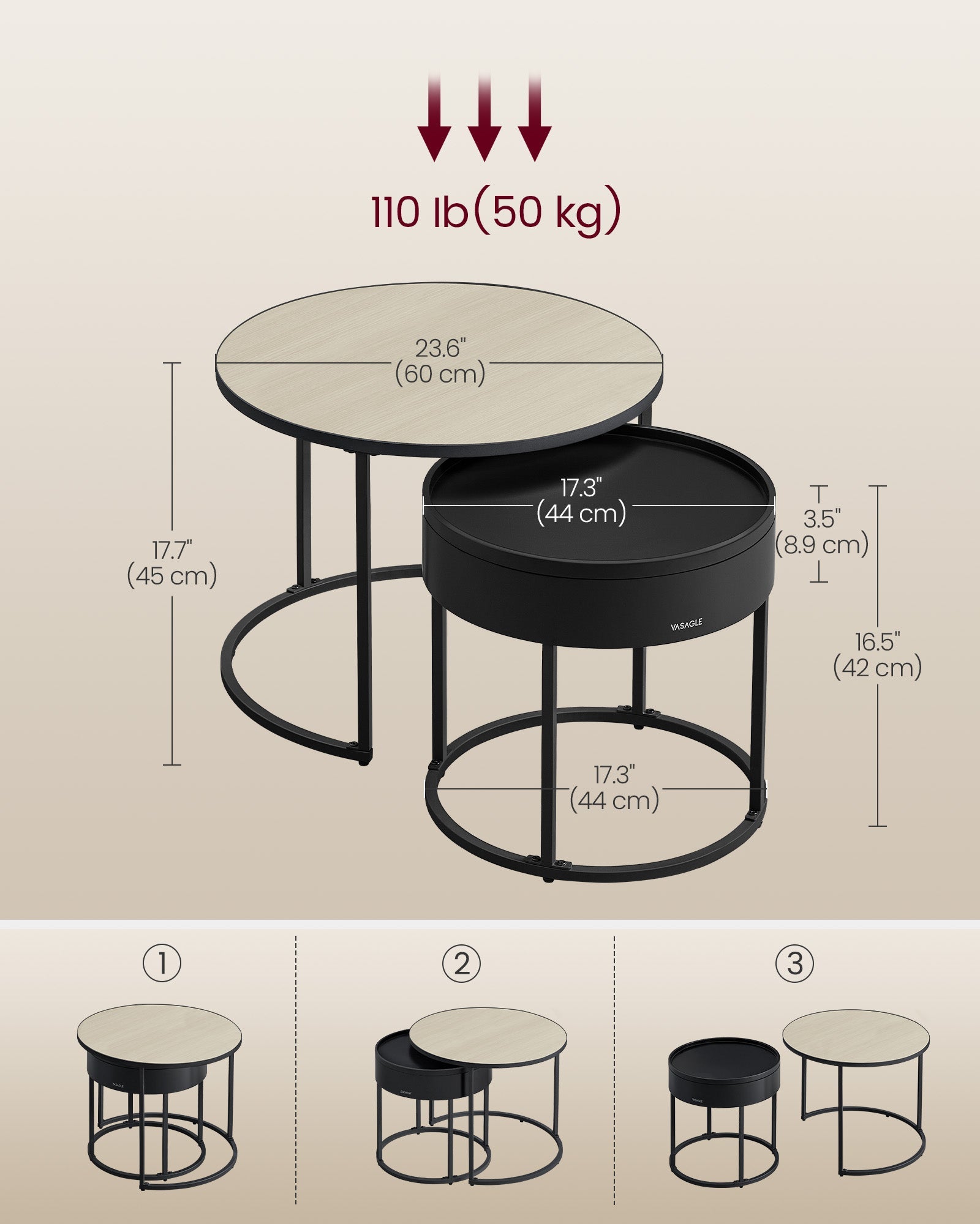 Set of 2 Round Side Tables – Natural Beige and Ink Black – Nesting Design with Hidden Storage and Top Tray