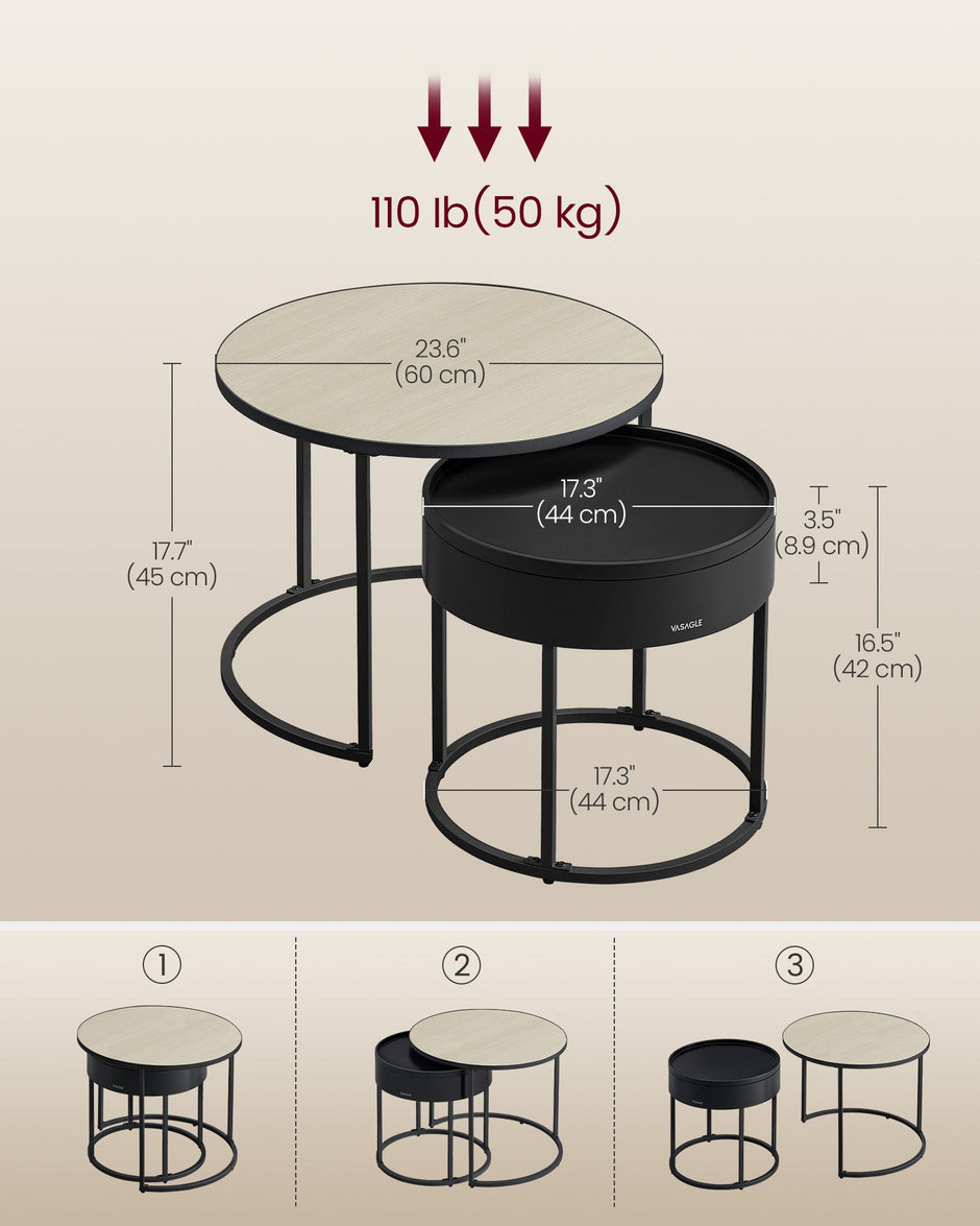 Set of 2 Round Side Tables – Natural Beige and Ink Black – Nesting Design with Hidden Storage and Top Tray