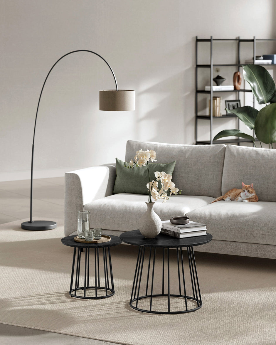 Set of 2 Round Side Tables – Steel Frame – Rustic Brown – Modern Design