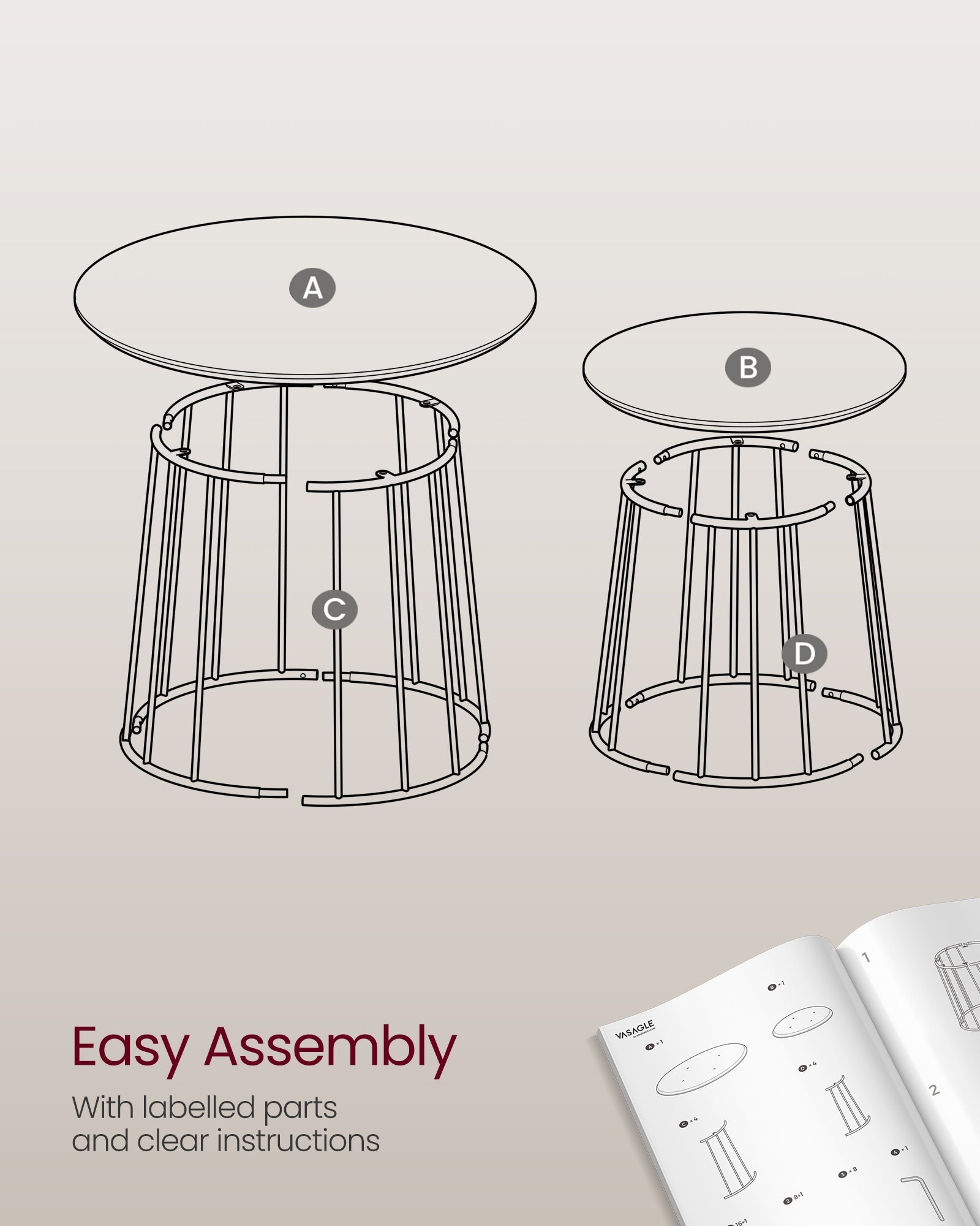 Set of 2 Round Side Tables – Steel Frame – Rustic Brown – Modern Design