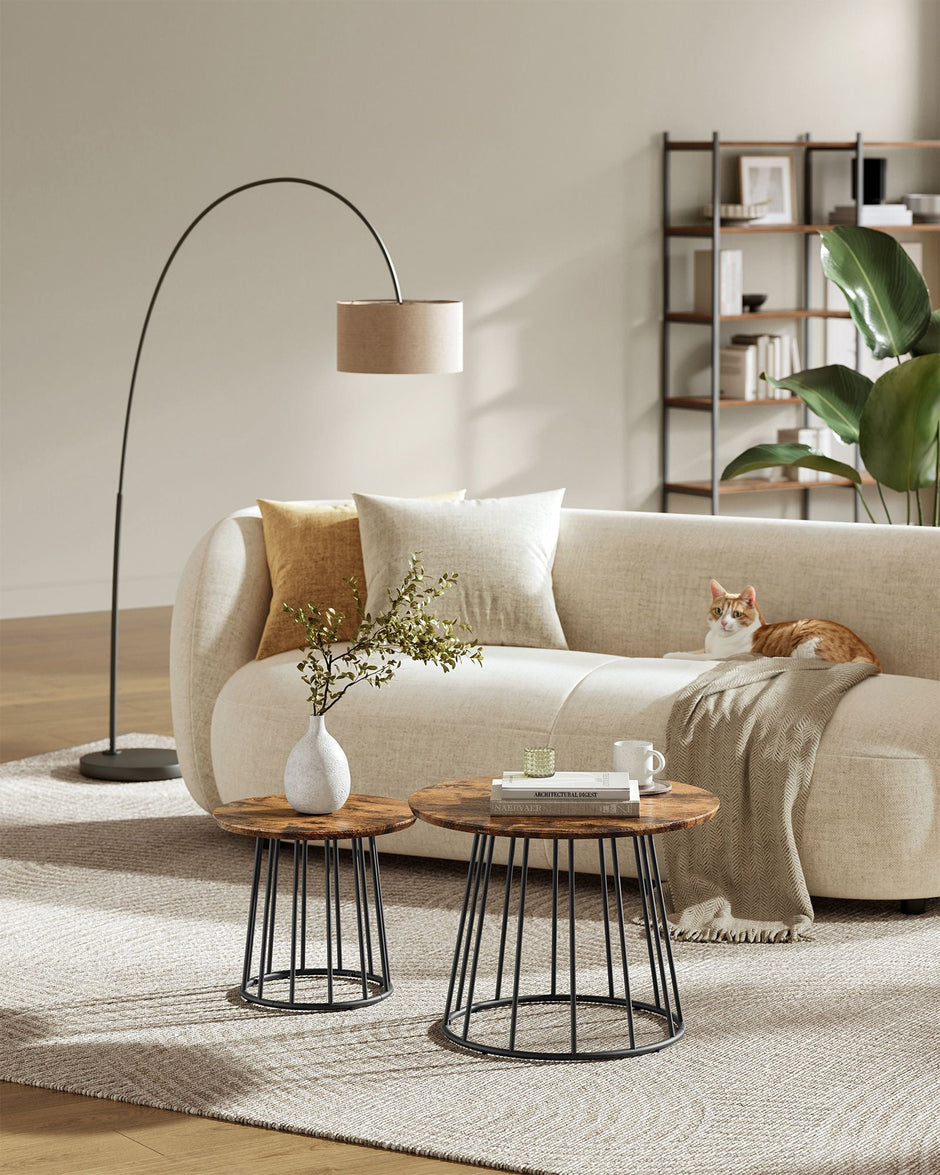 Set of 2 Round Coffee Tables – Steel Frame – Rustic Brown – Modern Design
