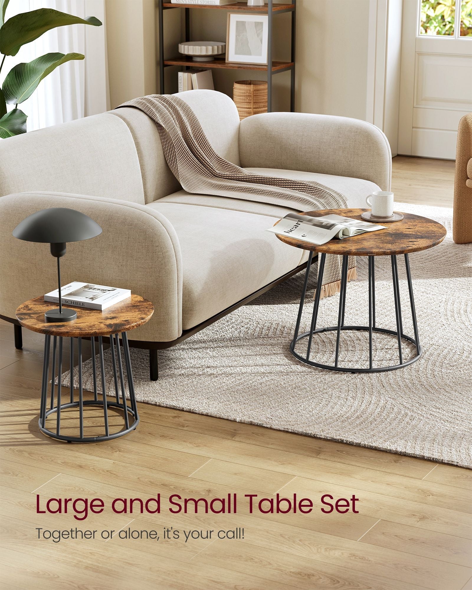 Set of 2 Round Coffee Tables – Steel Frame – Rustic Brown – Modern Design