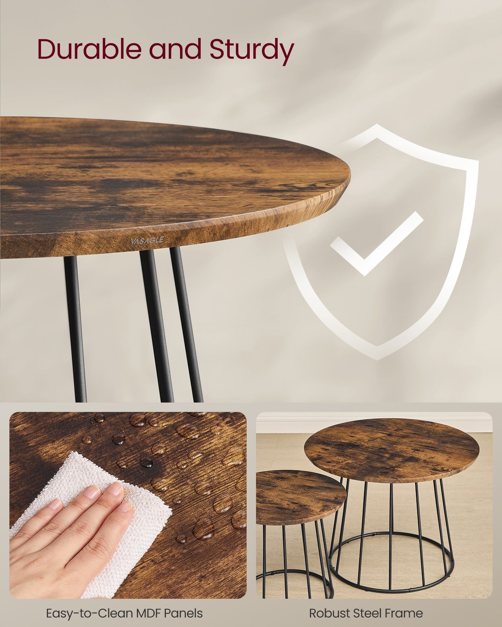 Set of 2 Round Coffee Tables – Steel Frame – Rustic Brown – Modern Design