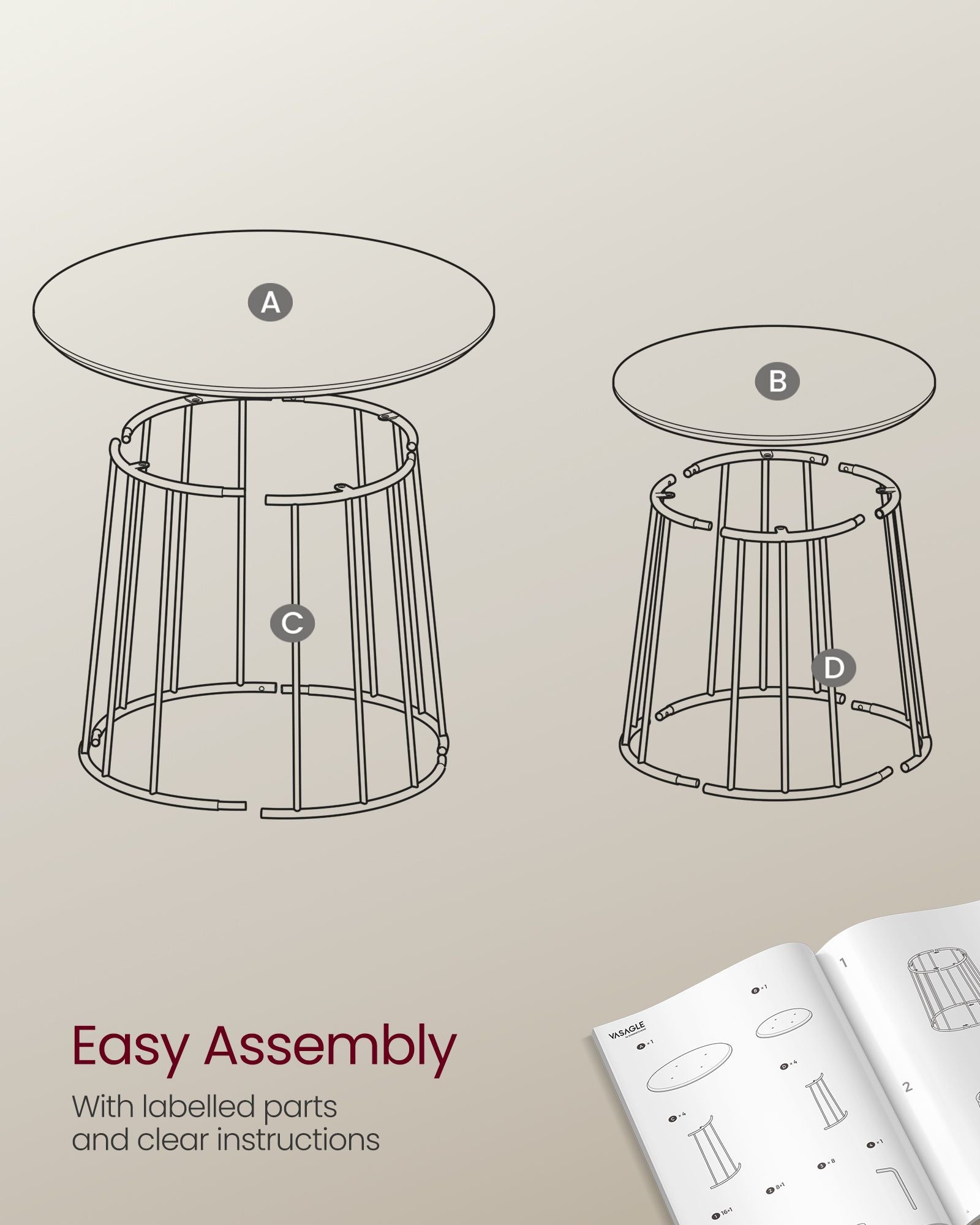 Set of 2 Round Coffee Tables – Steel Frame – Rustic Brown – Modern Design