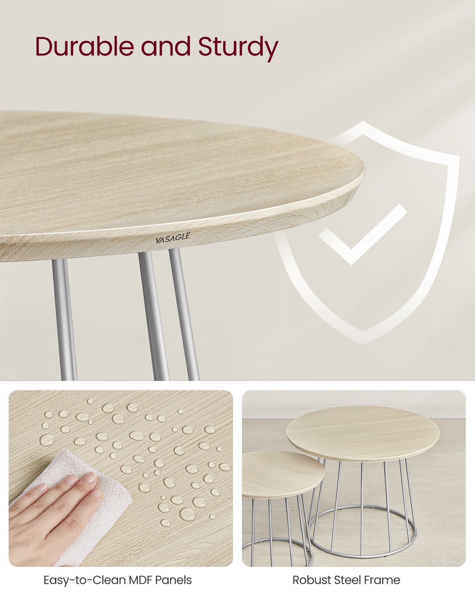 Coffee Table Set – Steel Frame – Natural Beige – Modern Round Design