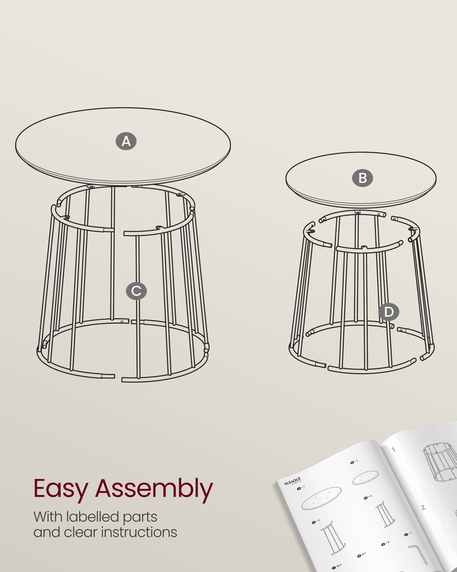 Coffee Table Set – Steel Frame – Natural Beige – Modern Round Design