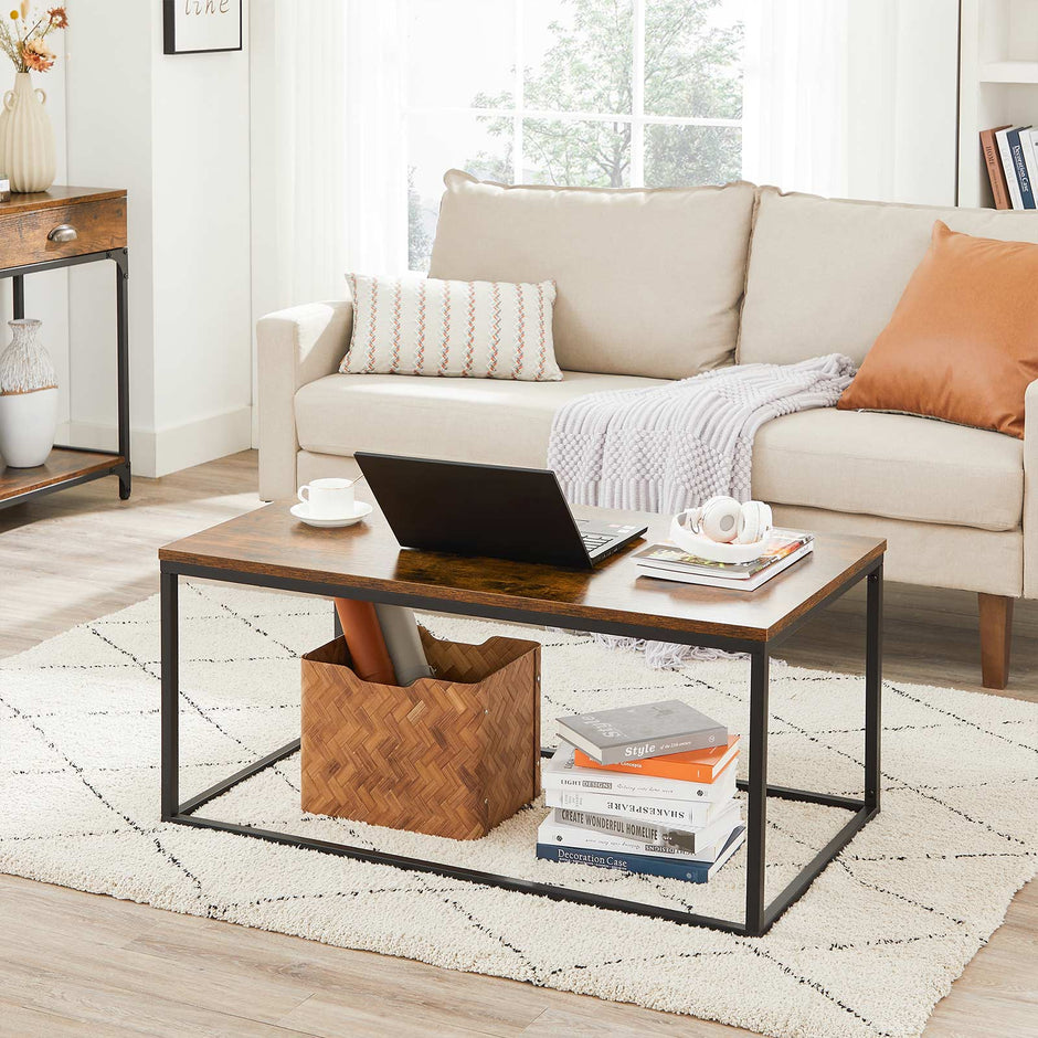 Coffee Table – Steel Frame – Rustic Brown and Black – Industrial Design, Easy Assembly