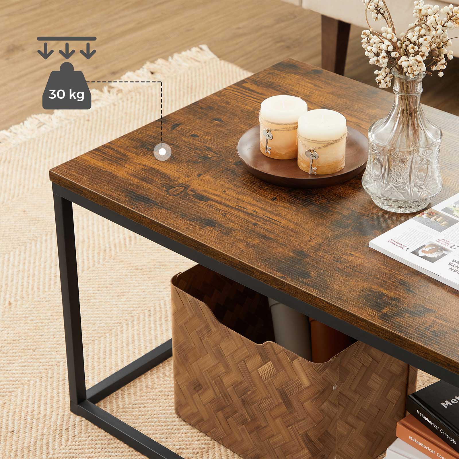 Coffee Table – Steel Frame – Rustic Brown and Black – Industrial Design, Easy Assembly