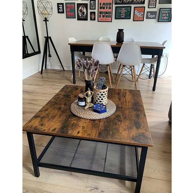 Square Cocktail Table – Steel – Rustic Brown and Black – Spacious Table Top with Mesh Storage Shelf