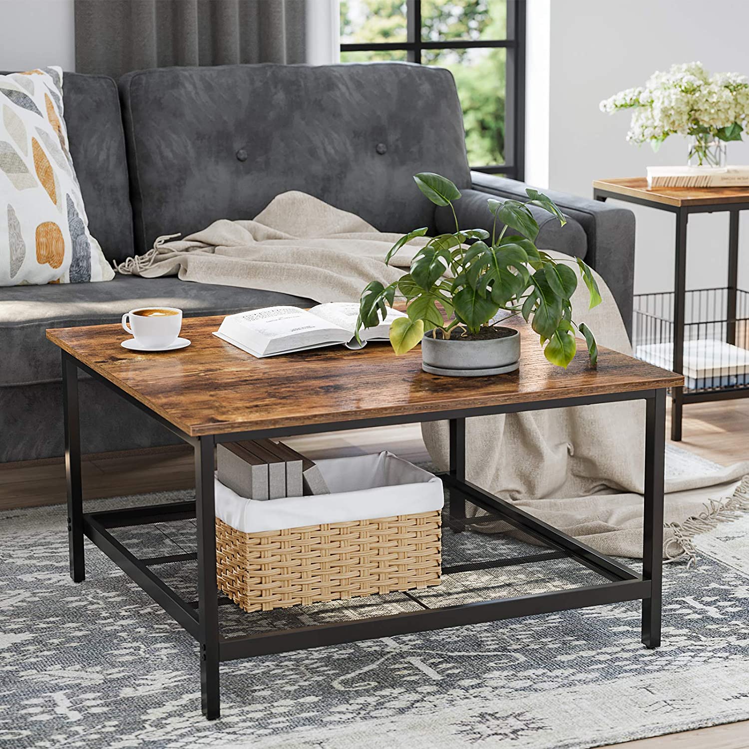 Square Cocktail Table – Steel – Rustic Brown and Black – Spacious Table Top with Mesh Storage Shelf