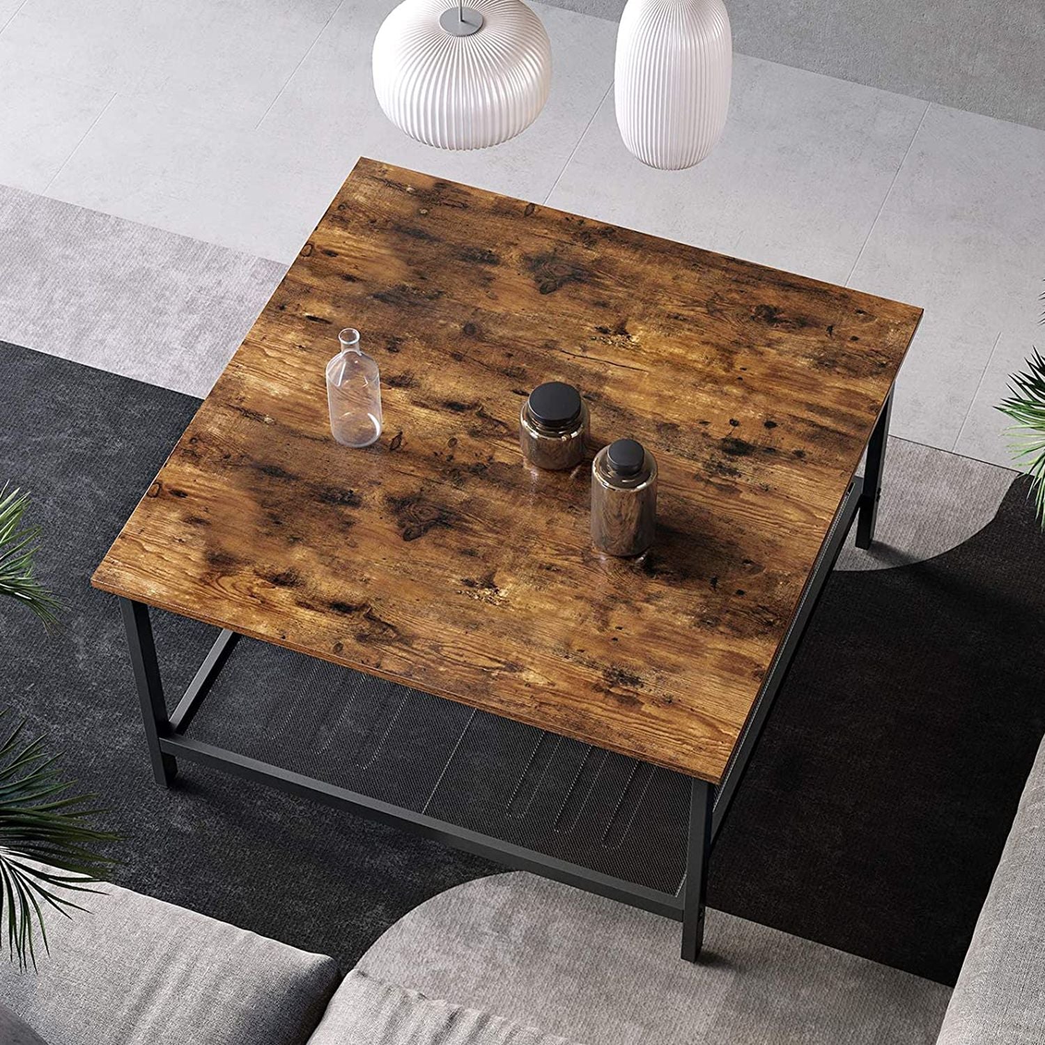 Square Cocktail Table – Steel – Rustic Brown and Black – Spacious Table Top with Mesh Storage Shelf