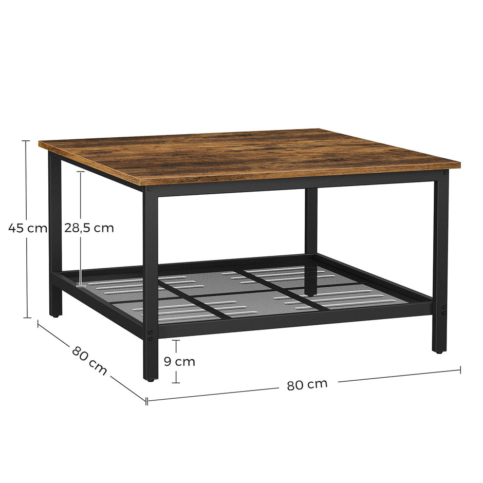 Square Cocktail Table – Steel – Rustic Brown and Black – Spacious Table Top with Mesh Storage Shelf