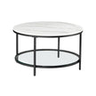 Round Coffee Table – Faux Marble – White and Ink Black – Tempered Glass Storage Shelf