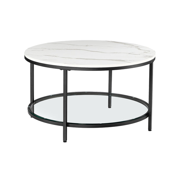 Round Coffee Table – Faux Marble – White and Ink Black – Tempered Glass Storage Shelf