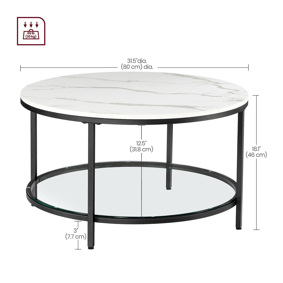 Round Coffee Table – Faux Marble – White and Ink Black – Tempered Glass Storage Shelf