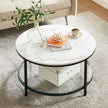 Round Coffee Table – Faux Marble – White and Ink Black – Tempered Glass Storage Shelf