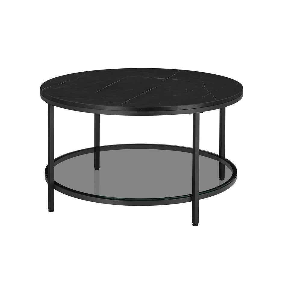 Round Coffee Table – Faux Marble and Tempered Glass – Black – Modern Design with Storage Shelf