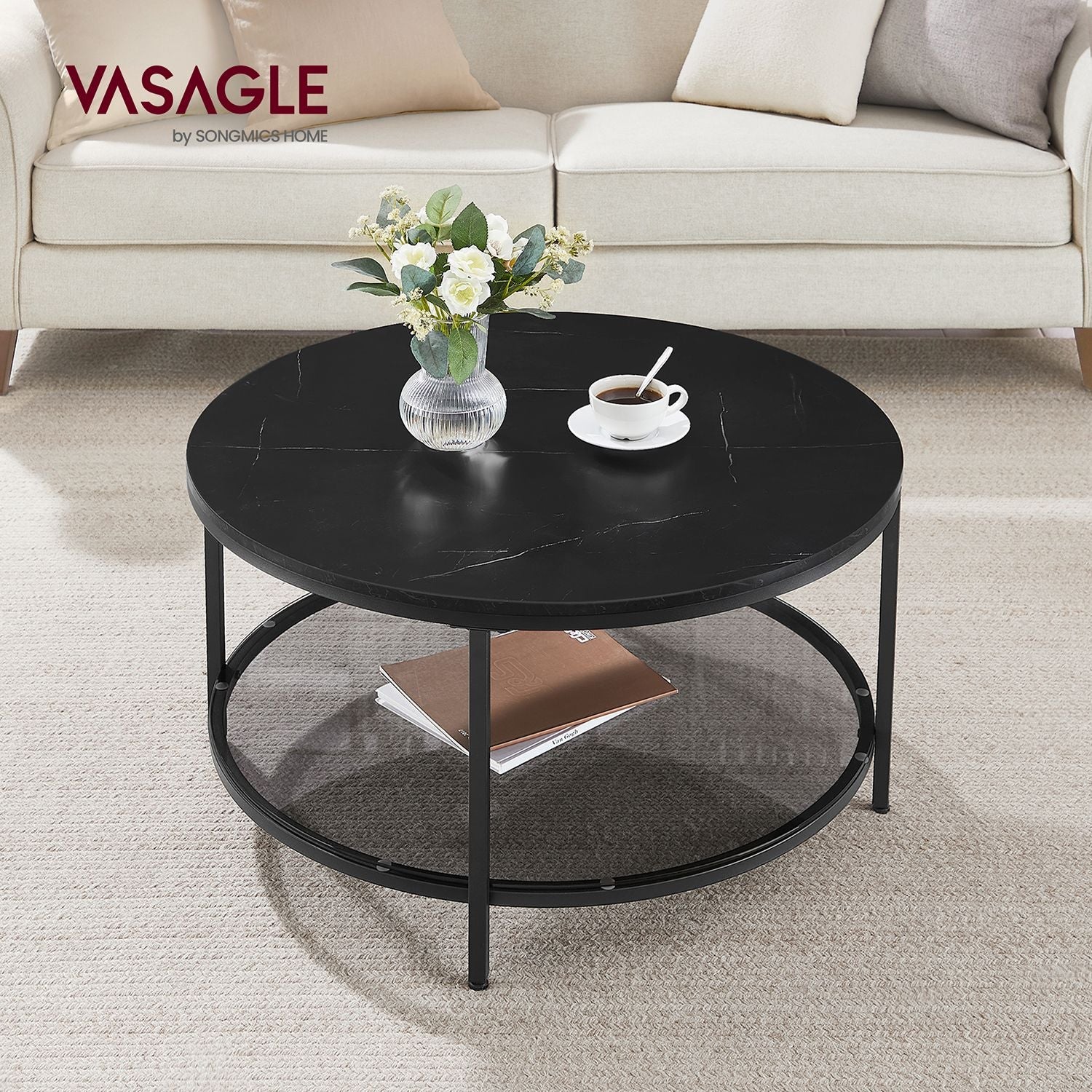 Round Coffee Table – Faux Marble and Tempered Glass – Black – Modern Design with Storage Shelf