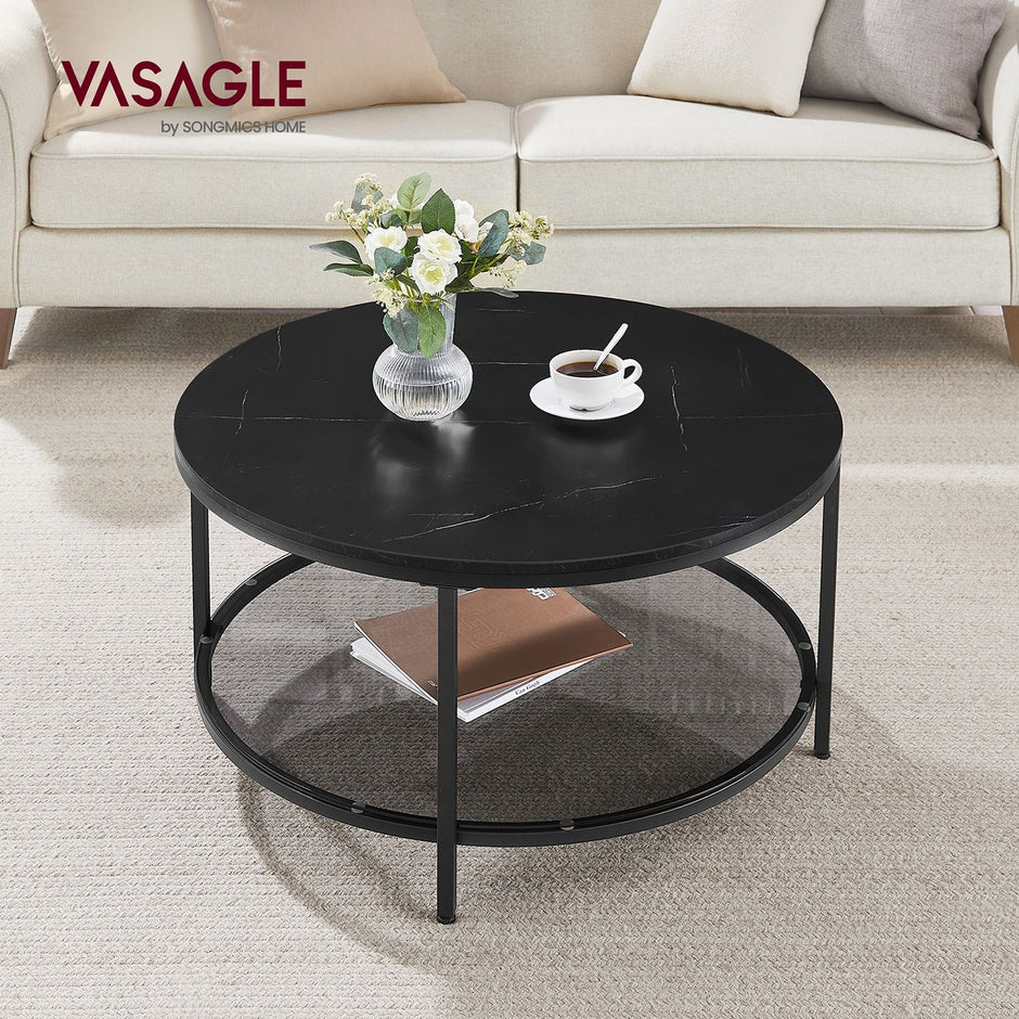 Round Coffee Table – Faux Marble and Tempered Glass – Black – Modern Design with Storage Shelf