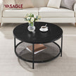 Round Coffee Table – Faux Marble and Tempered Glass – Black – Modern Design with Storage Shelf