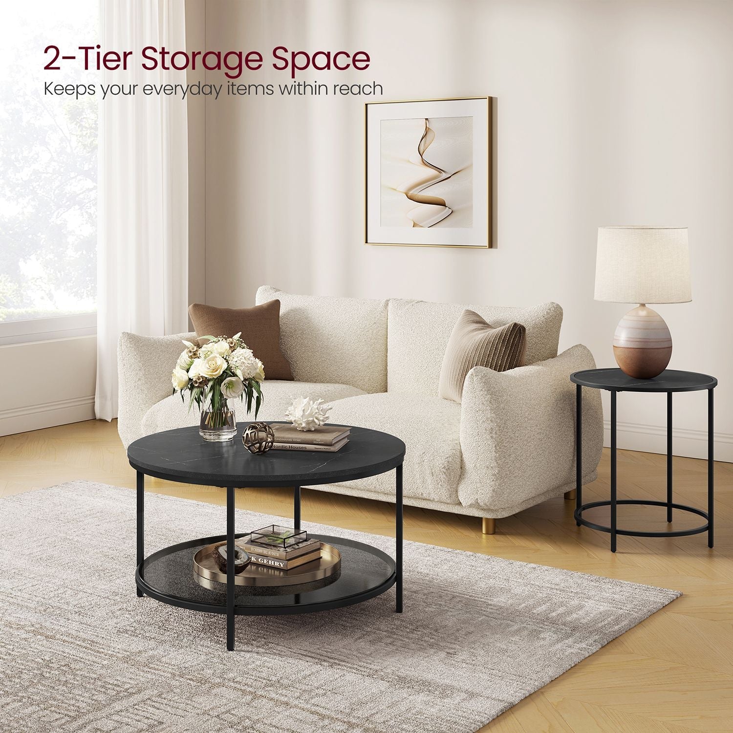 Round Coffee Table – Faux Marble and Tempered Glass – Black – Modern Design with Storage Shelf