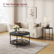 Round Coffee Table – Faux Marble and Tempered Glass – Black – Modern Design with Storage Shelf
