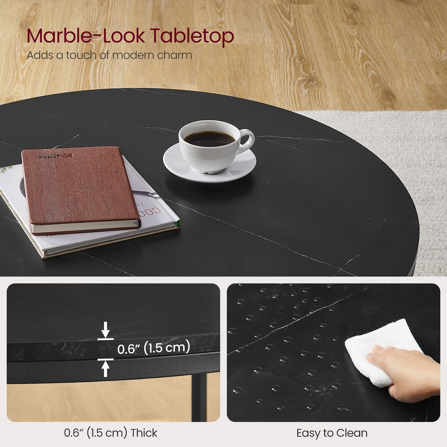 Round Coffee Table – Faux Marble and Tempered Glass – Black – Modern Design with Storage Shelf