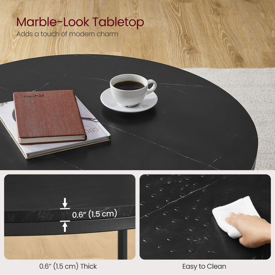 Round Coffee Table – Faux Marble and Tempered Glass – Black – Modern Design with Storage Shelf