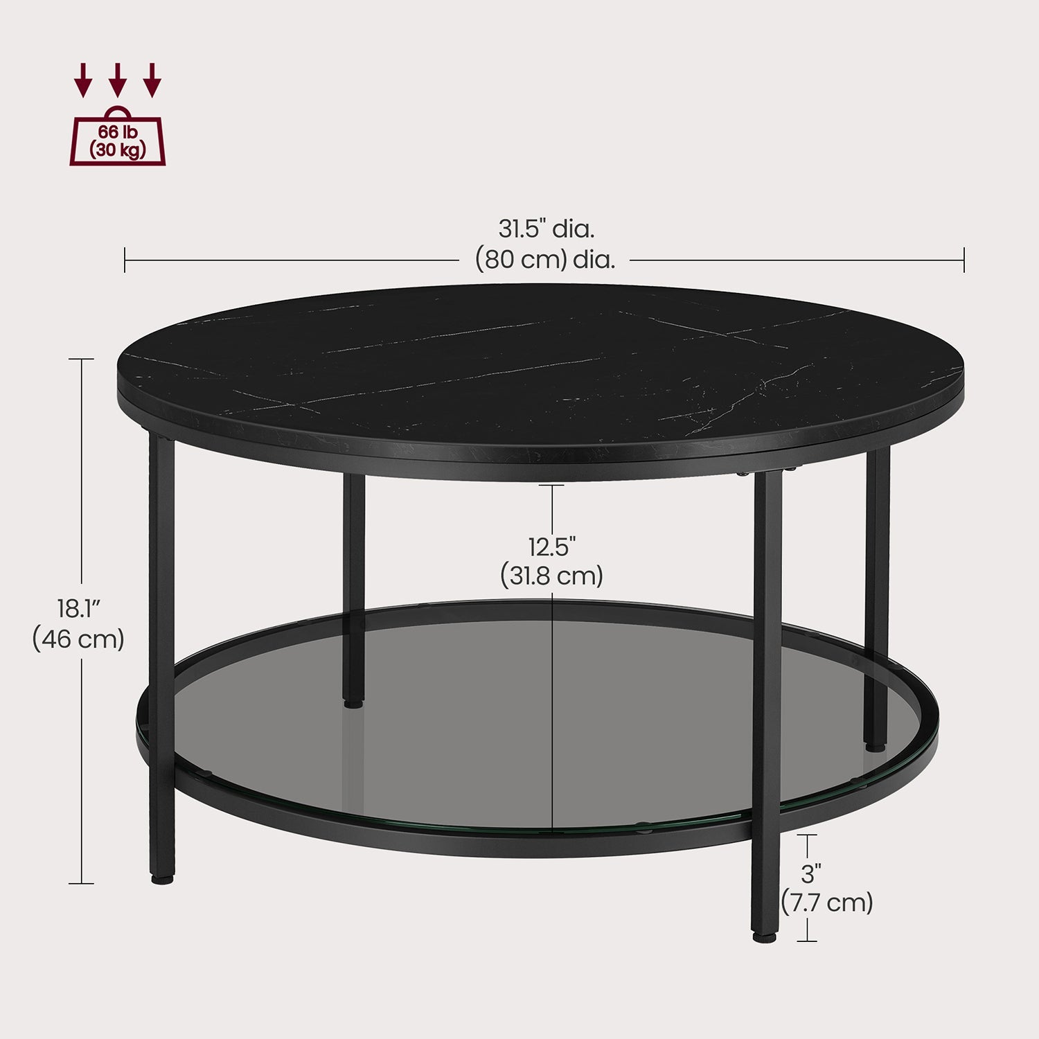 Round Coffee Table – Faux Marble and Tempered Glass – Black – Modern Design with Storage Shelf