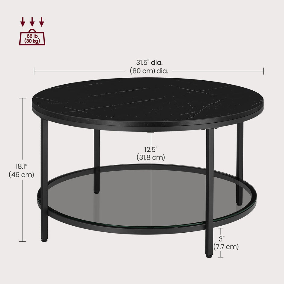 Round Coffee Table – Faux Marble and Tempered Glass – Black – Modern Design with Storage Shelf