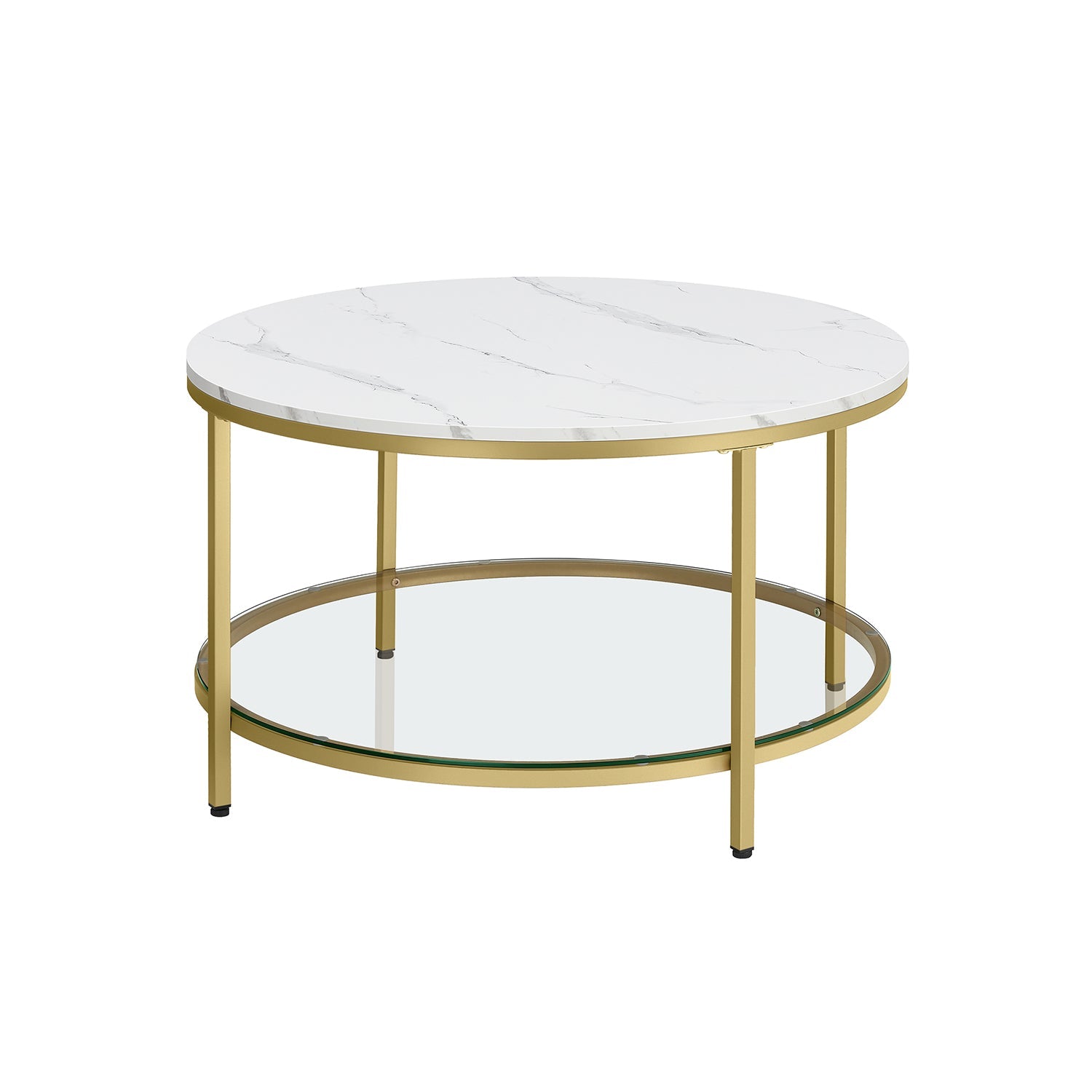 Round Coffee Table – Faux Marble and Tempered Glass – White and Metallic Gold – Modern Design with Storage Shelf