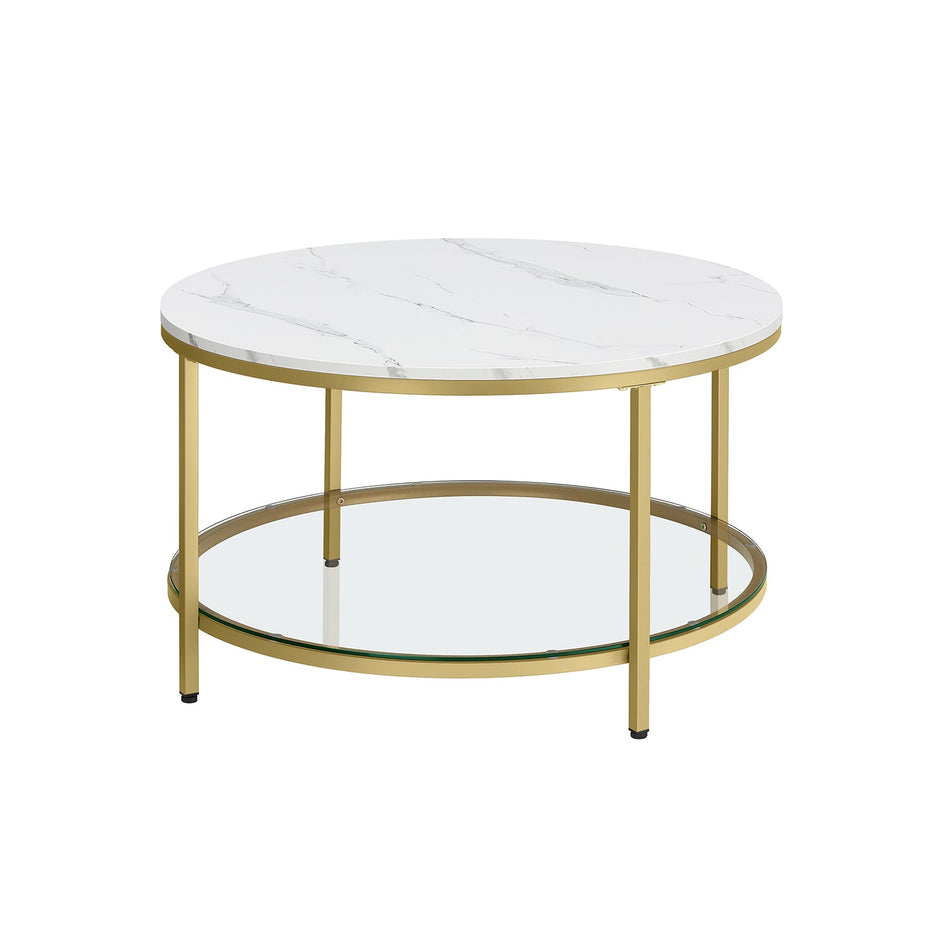 Round Coffee Table – Faux Marble and Tempered Glass – White and Metallic Gold – Modern Design with Storage Shelf