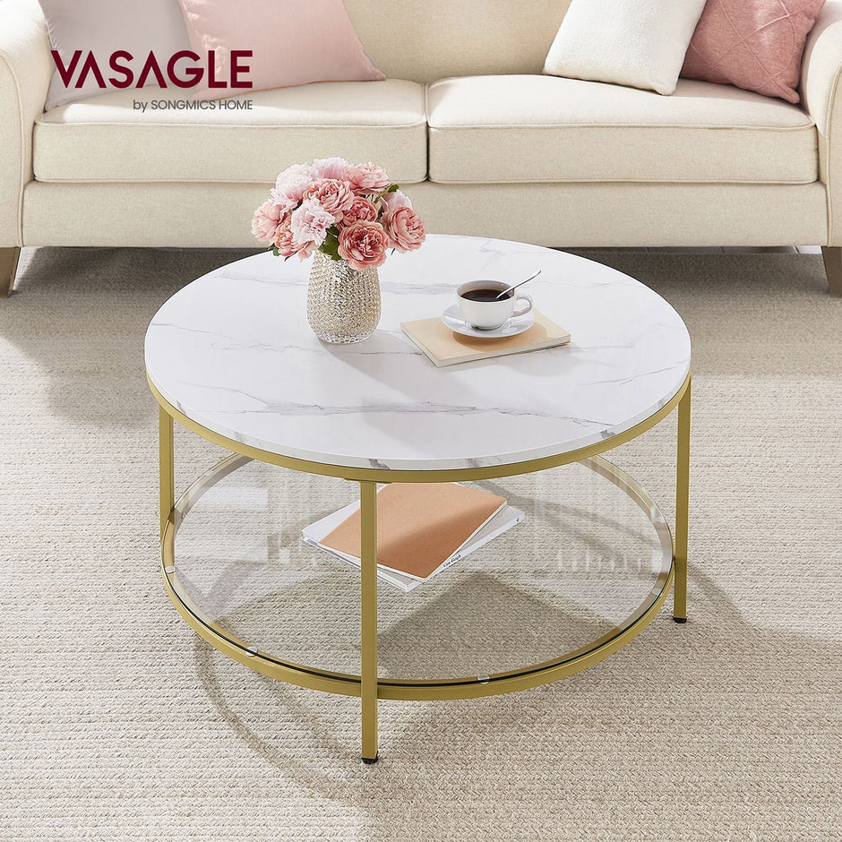 Round Coffee Table – Faux Marble and Tempered Glass – White and Metallic Gold – Modern Design with Storage Shelf