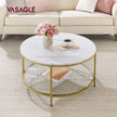 Round Coffee Table – Faux Marble and Tempered Glass – White and Metallic Gold – Modern Design with Storage Shelf