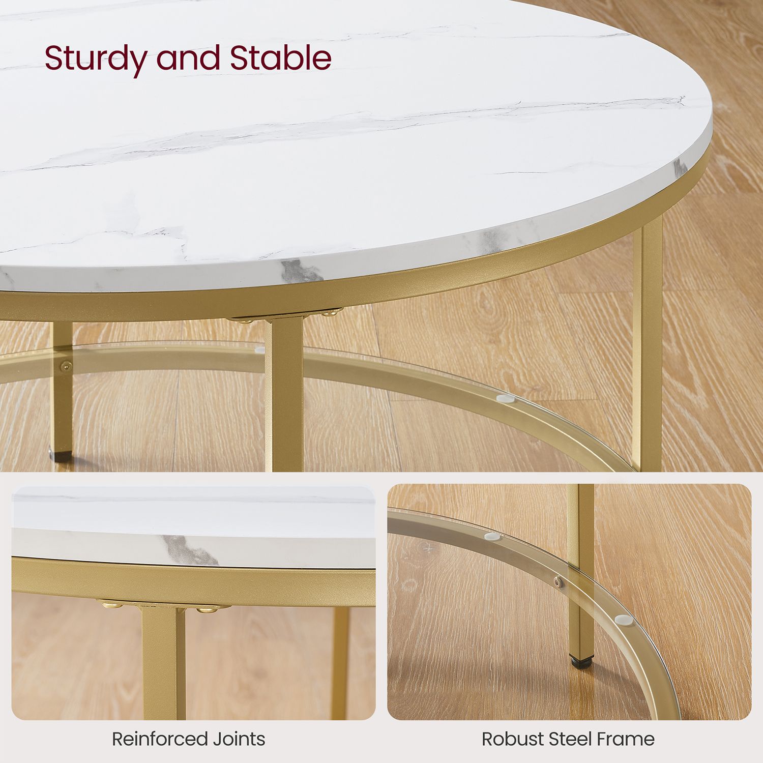 Round Coffee Table – Faux Marble and Tempered Glass – White and Metallic Gold – Modern Design with Storage Shelf