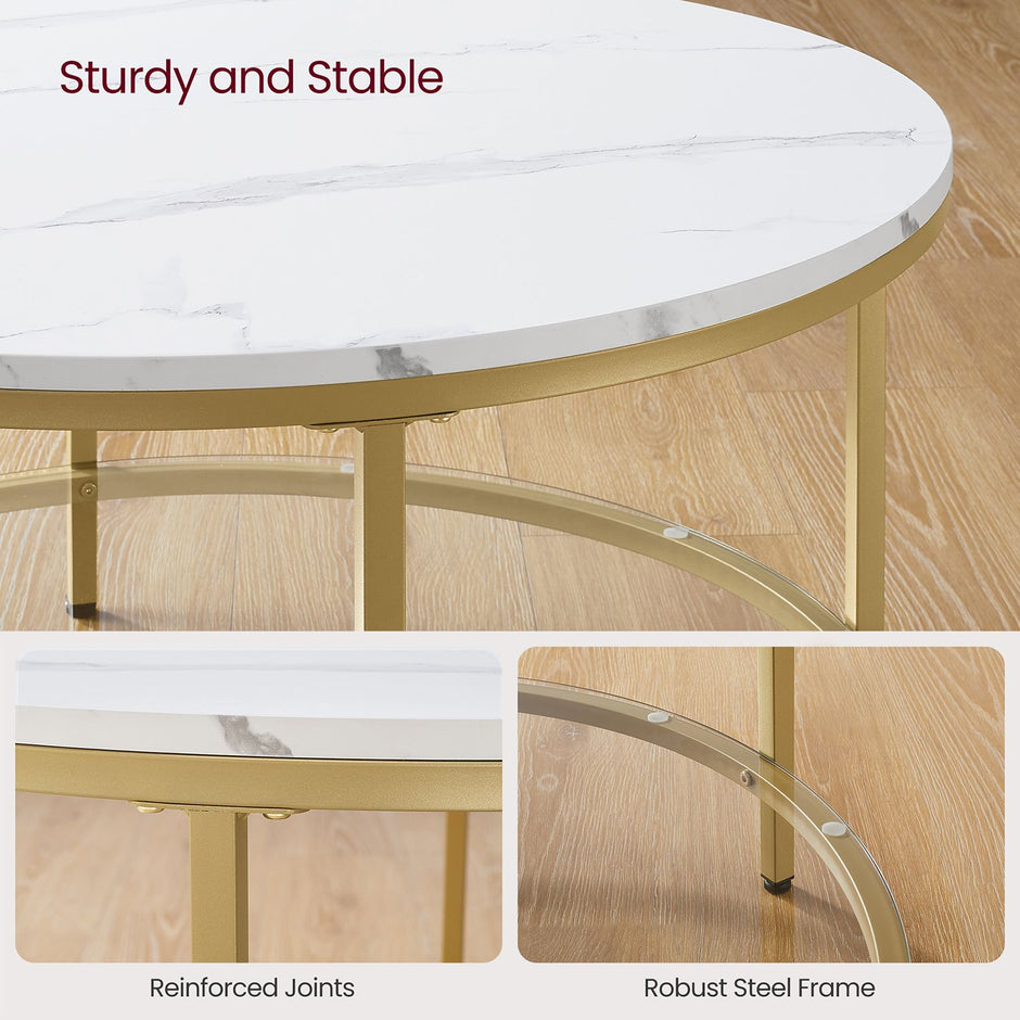 Round Coffee Table – Faux Marble and Tempered Glass – White and Metallic Gold – Modern Design with Storage Shelf