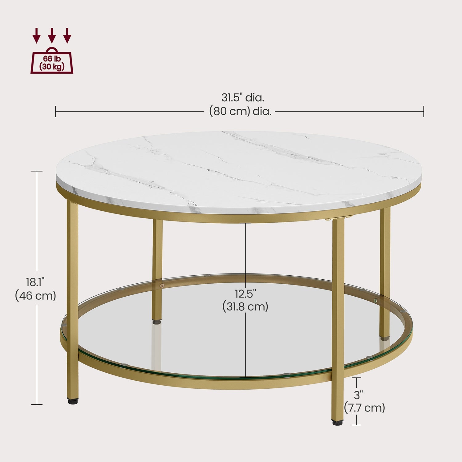 Round Coffee Table – Faux Marble and Tempered Glass – White and Metallic Gold – Modern Design with Storage Shelf