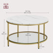 Round Coffee Table – Faux Marble and Tempered Glass – White and Metallic Gold – Modern Design with Storage Shelf