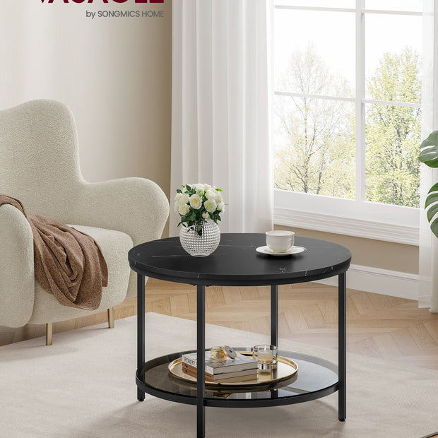 Round Coffee Table – Faux Marble and Tempered Glass – Black – Modern Design with Storage Shelf