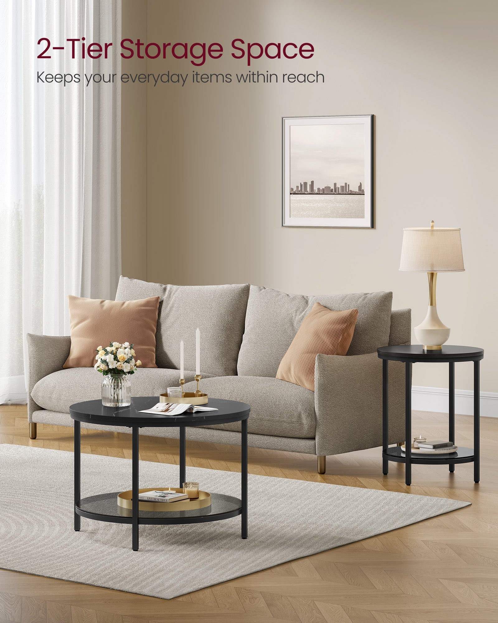 Round Coffee Table – Faux Marble and Tempered Glass – Black – Modern Design with Storage Shelf