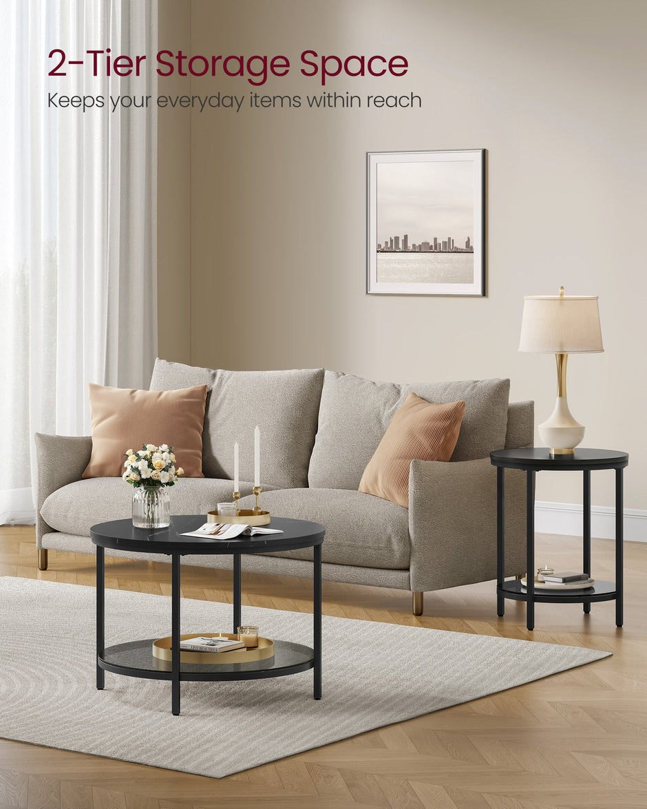 Round Coffee Table – Faux Marble and Tempered Glass – Black – Modern Design with Storage Shelf
