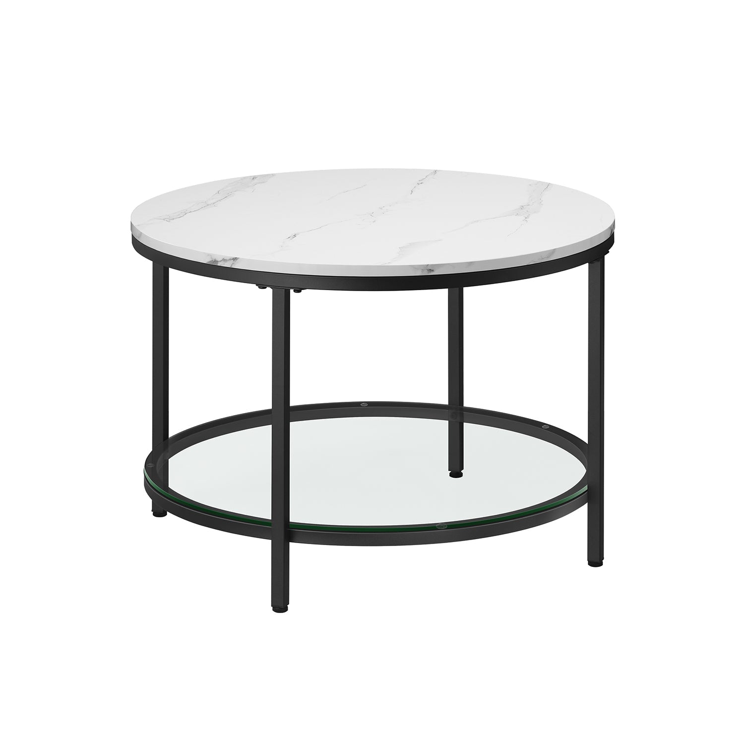 Round Coffee Table – Faux Marble and Tempered Glass – White and Ink Black – Modern Design with Storage Shelf
